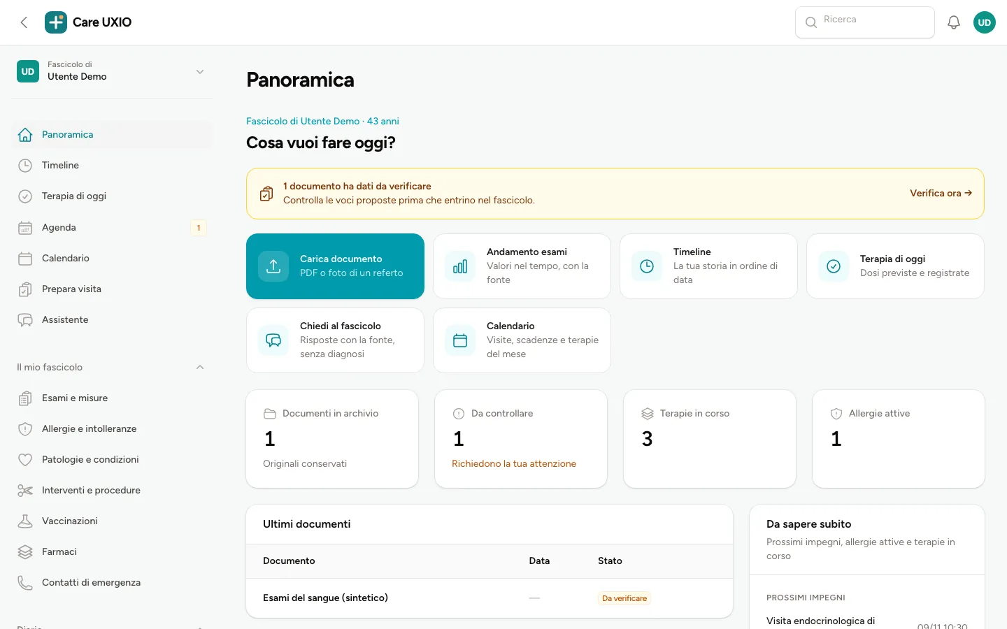 Panoramica di Care UXIO con il selettore Fascicolo di, il pulsante Carica documento, le azioni rapide e il menu Il mio fascicolo con la voce Vaccinazioni