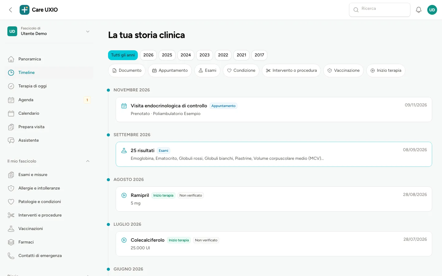 Timeline di Care UXIO con i filtri per anno e per tipo di evento, tra cui Documento, Appuntamento, Esami e Vaccinazione, e gli eventi del fascicolo in ordine di data